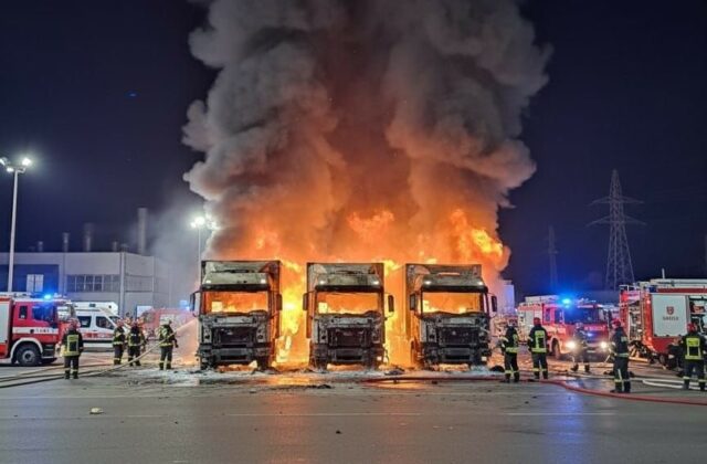 Hasiči zasahujú pri požiari troch nákladných vozidiel v Michalovciach