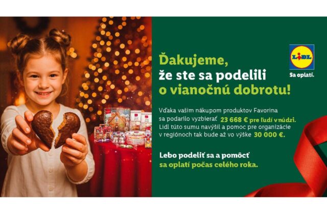 Deliť sa o vianočnú dobrotu sa oplatilo: Vďaka nákupom v Lidli poputuje ľuďom v núdzi až 30 000 €